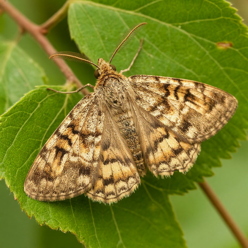 Крупная бабочка древоточца серо-коричневого цвета, сидящая на коре дерева